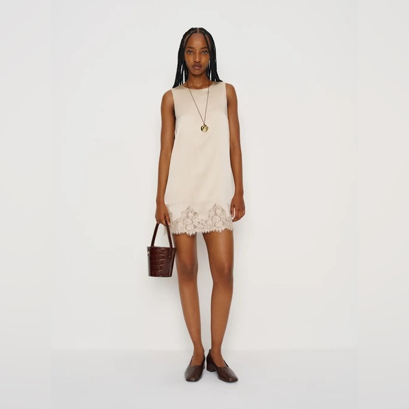 NEW Reformation Jessalyn Lace Silk Crew Neck Mini Dress Almond Ivory | size S - Picture 2 of 12